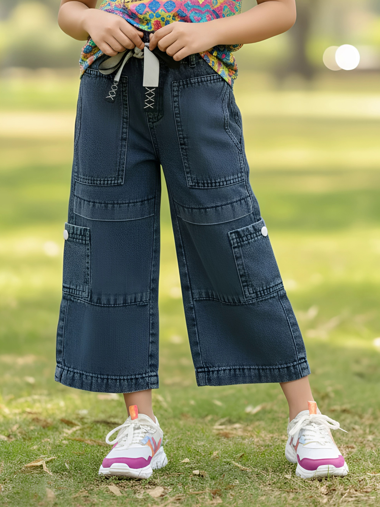 Girls' Dark Grey Wide-Leg Cargo Jeans with Drawstring Waist