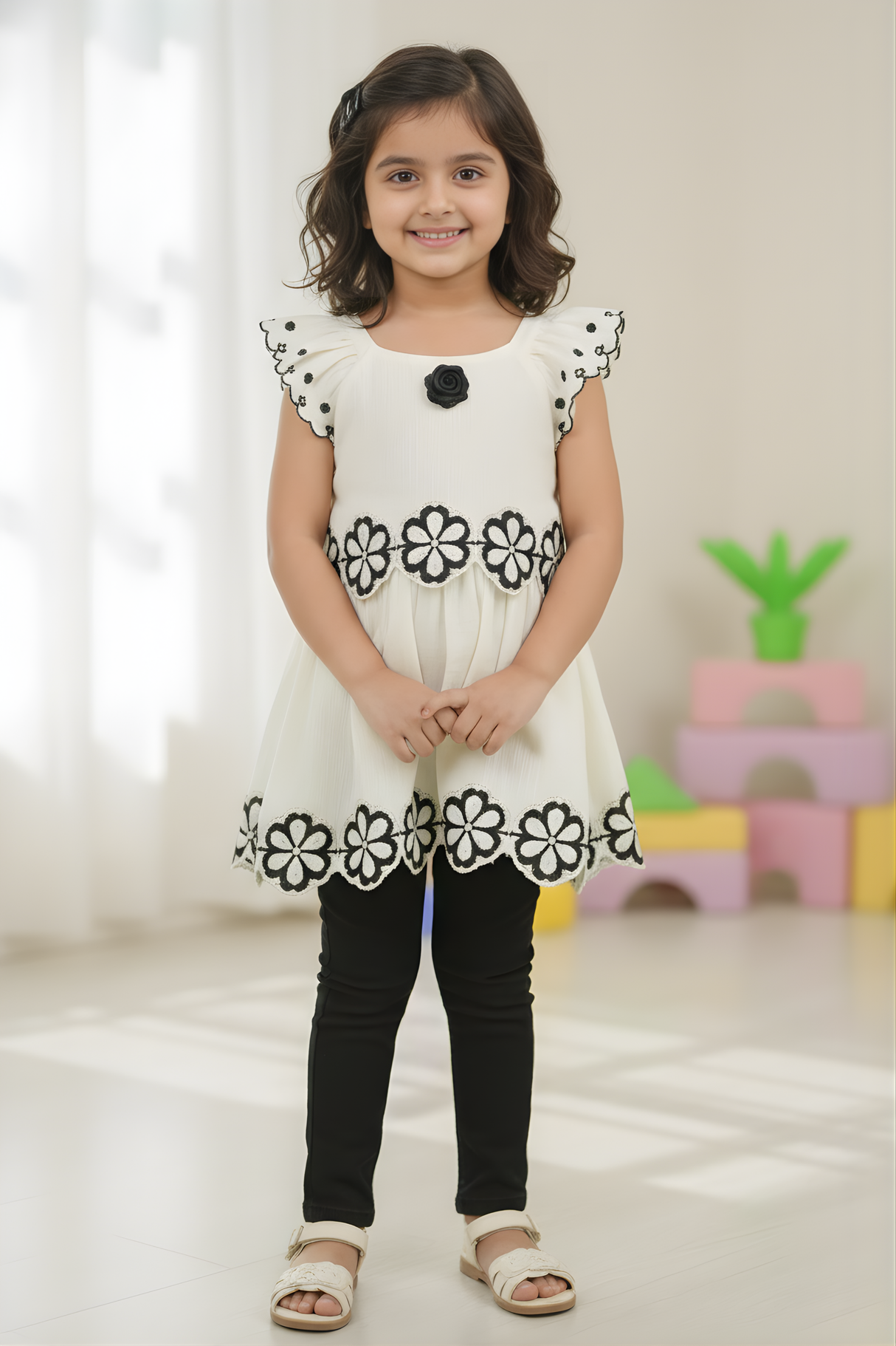 Girls' Elegant Cream Dress with Black Floral Embroidery