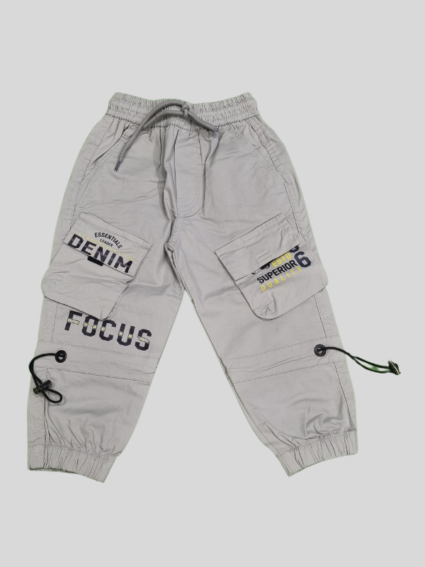 Boys' Light Grey Cargo Joggers – 'Focus Denim' Utility Pants with Drawstring Fit
