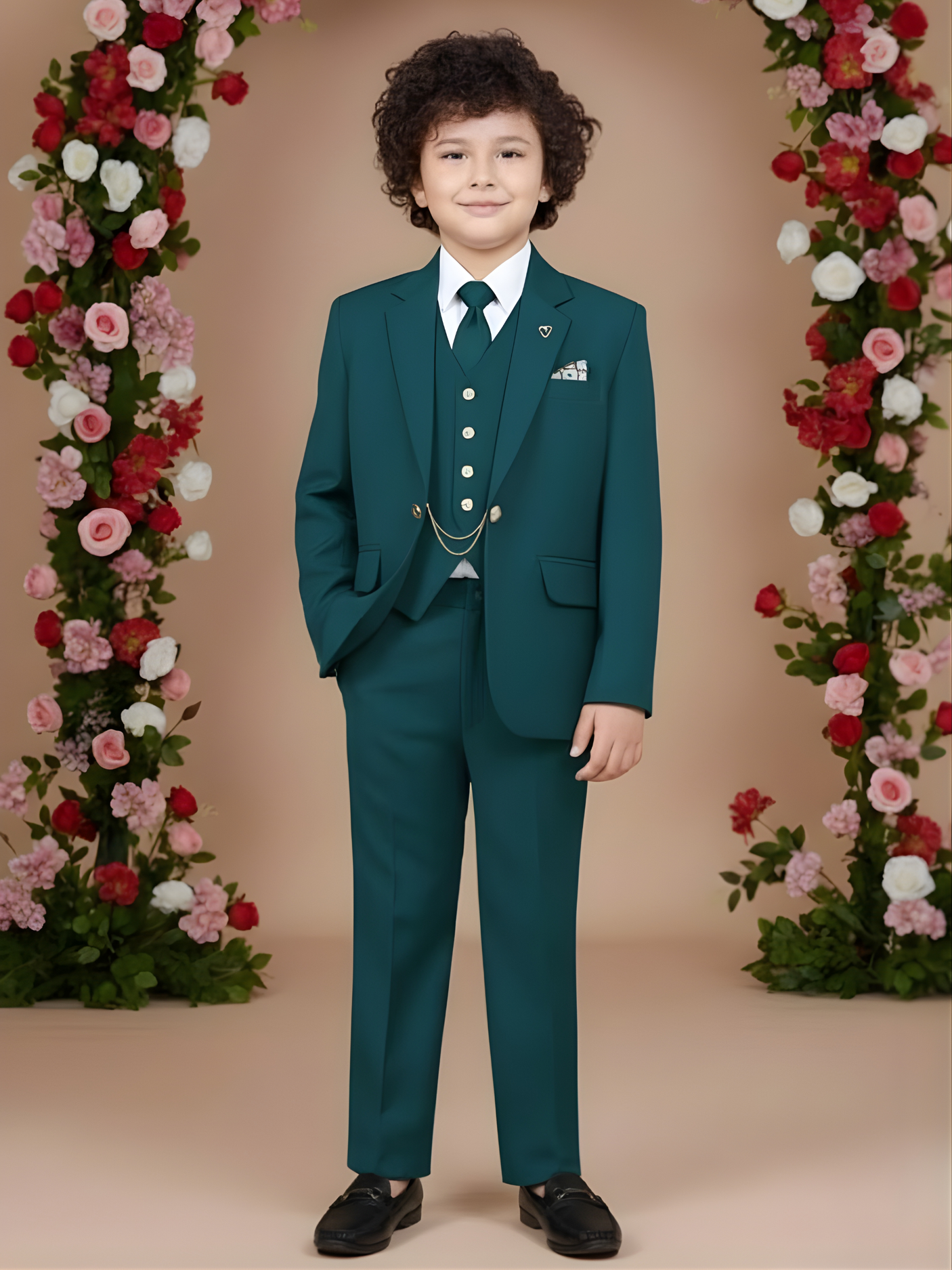 Boys' Teal Blue 5-Piece Formal Suit Set with Vest and Tie