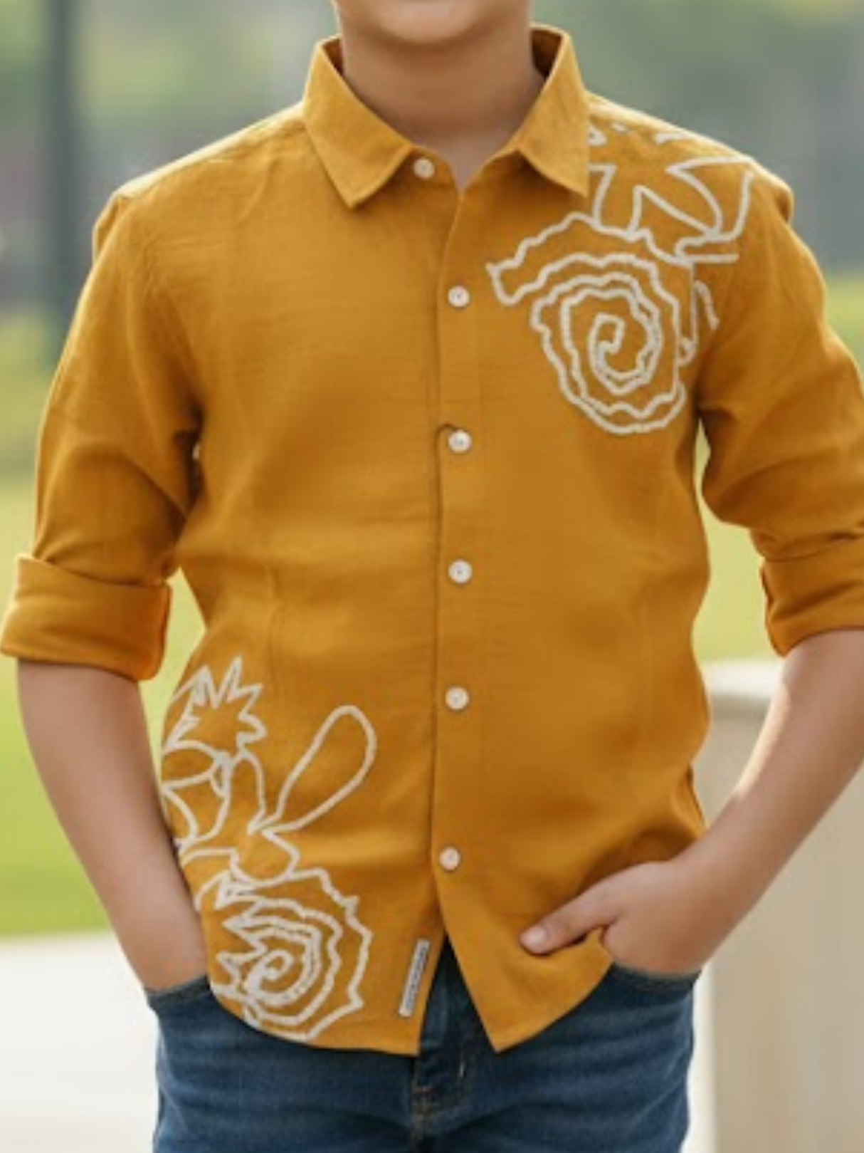 Boys Mustard Brown Minimalist Line-Art Casual Shirt