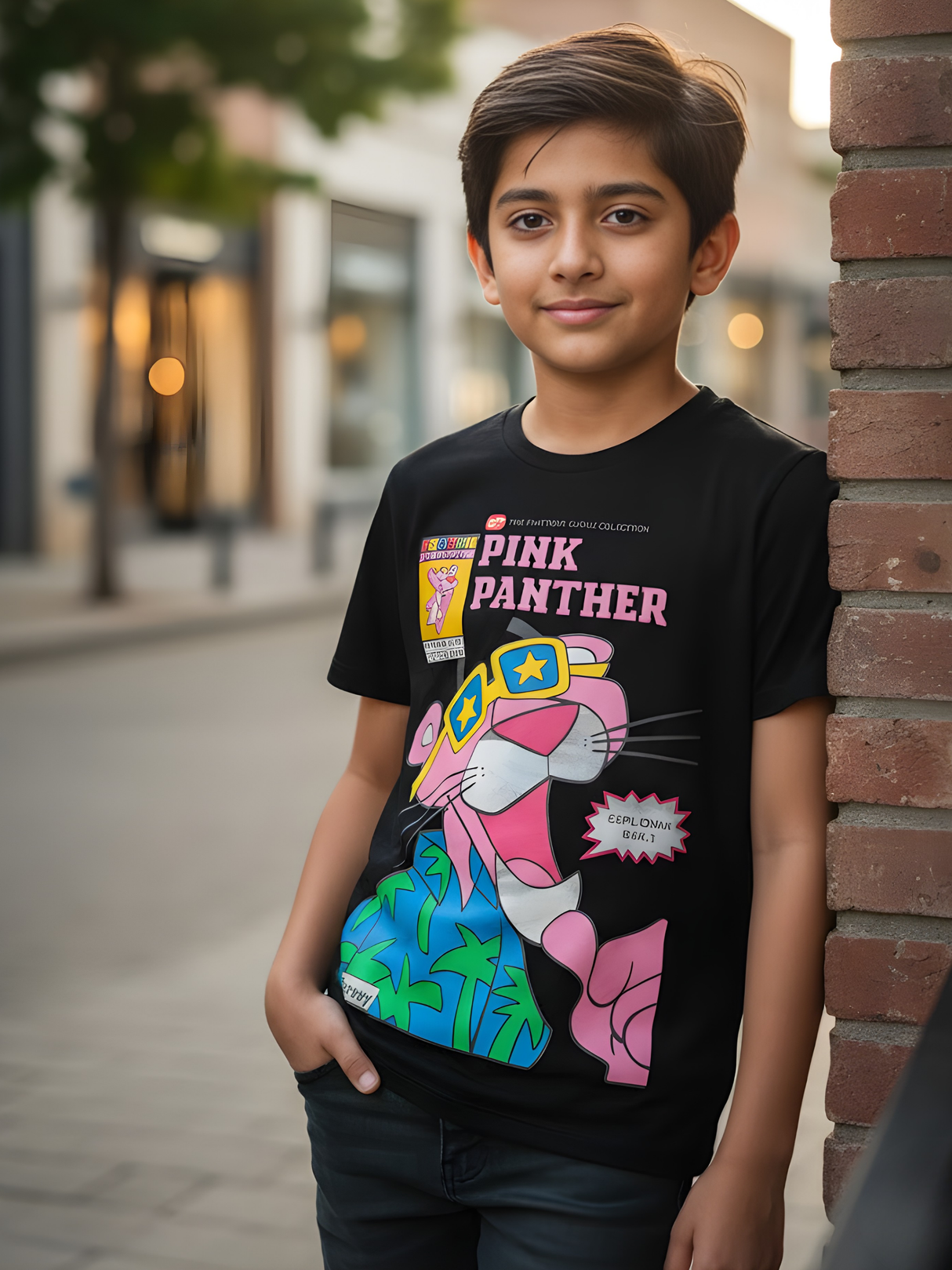 The Pink Panther 'Goes Hollywood' Retro Graphic Kids' Black T-Shirt.