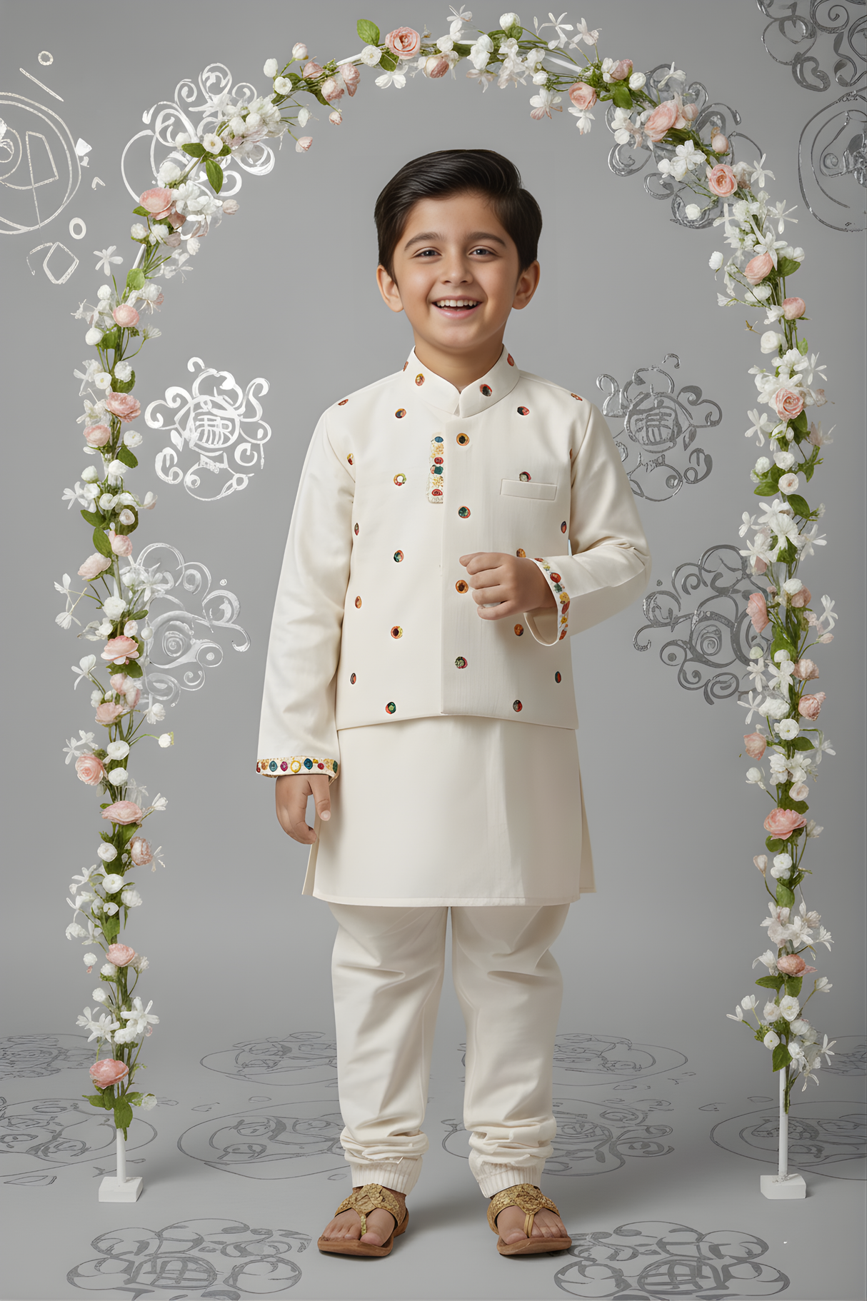 Boys' Ivory Cream Kurta Set with Intricate Embroidered Nehru Jacket