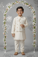 Boys' Ivory Cream Kurta Set with Intricate Embroidered Nehru Jacket