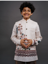 Boys' Cream/Beige Printed Bandhgala Jacket / Sherwani with Peacock Detail