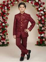 Boys' Maroon Velvet Sherwani with Gold Embroidered Motif