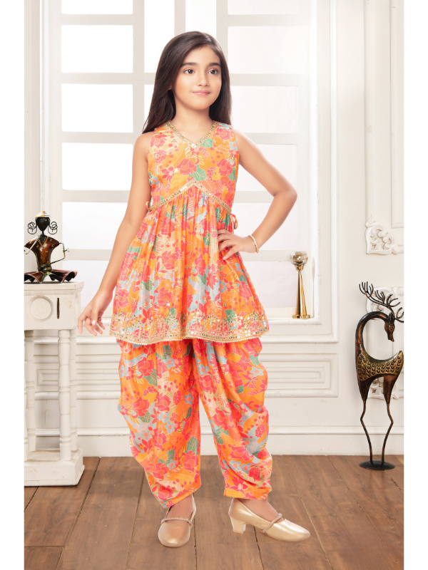 Girls Traditional Cap Sleeves Patiala Set - Orange