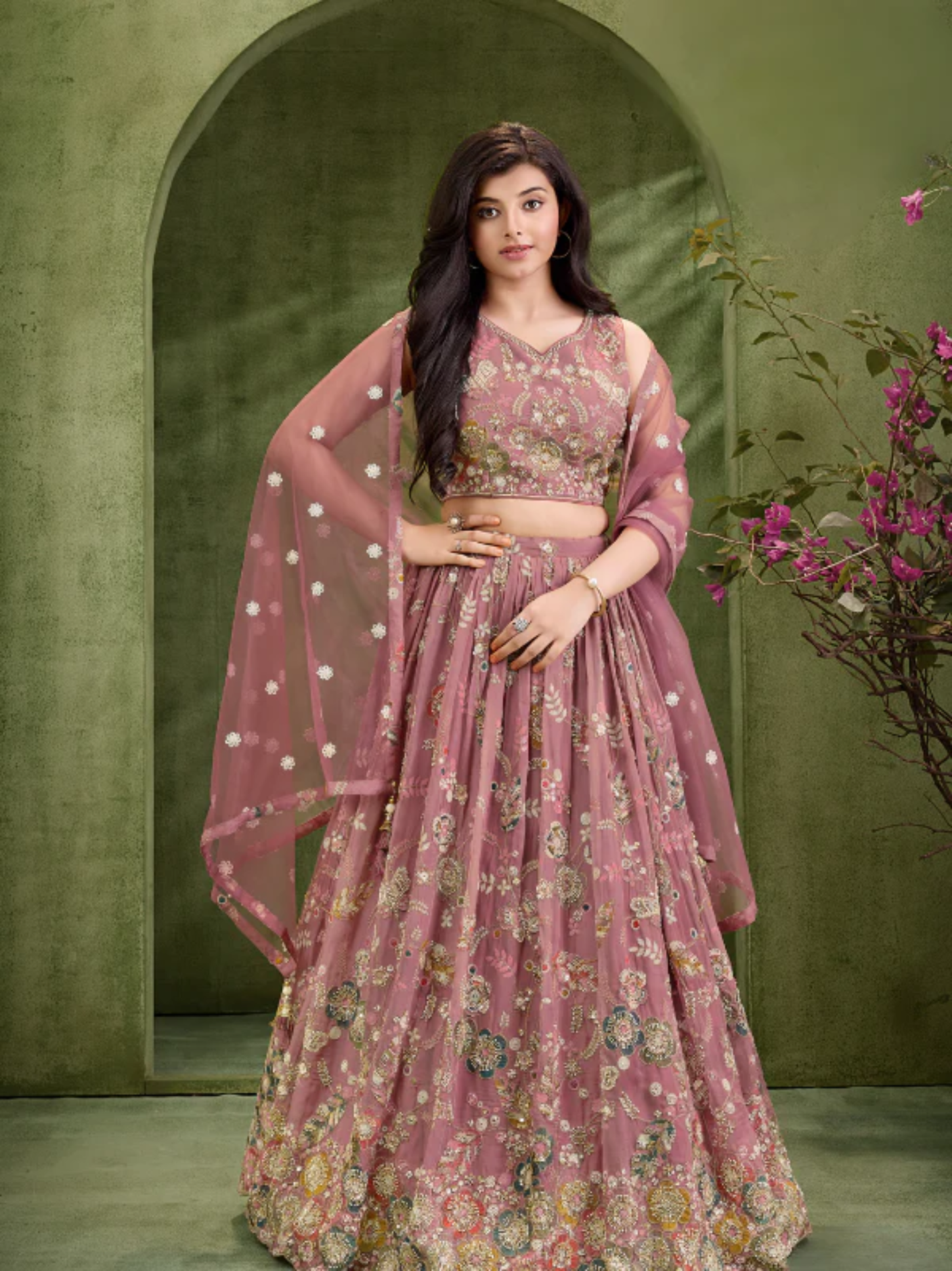 Girls' Dusty Rose / Mauve Heavily Embroidered Net Lehenga Choli Set