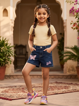 Girls' Blue Butterfly Embellished Denim Shorts