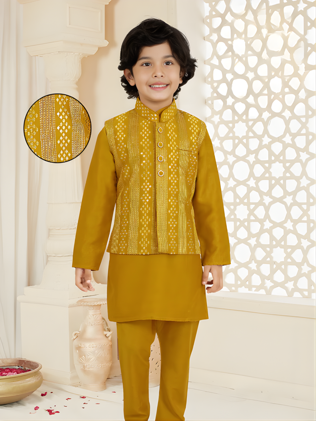 Boys' Mustard Yellow Kurta Set with Gold Patterned Waistcoat