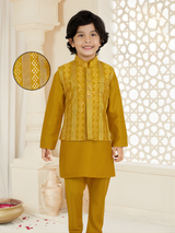 Boys' Mustard Yellow Kurta Set with Gold Patterned Waistcoat