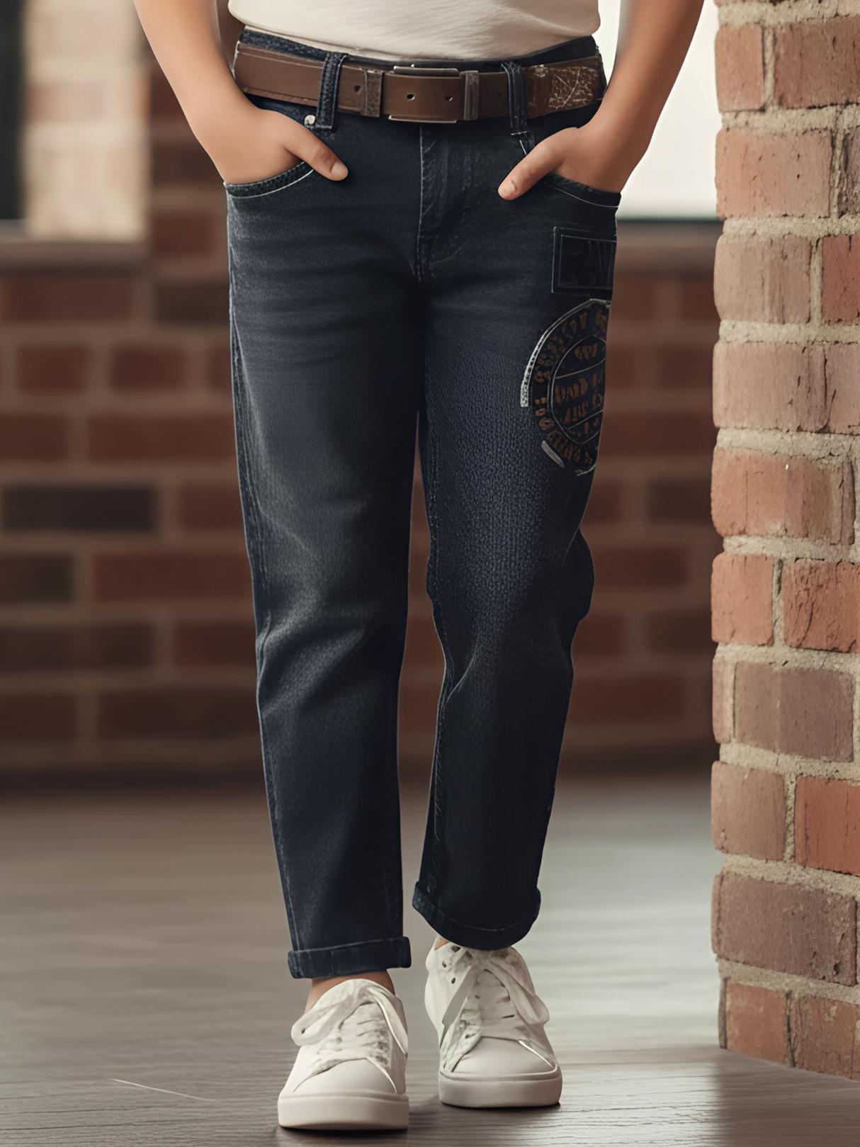 Boys' Graphic Print Dark Grey Stretchable Jeans