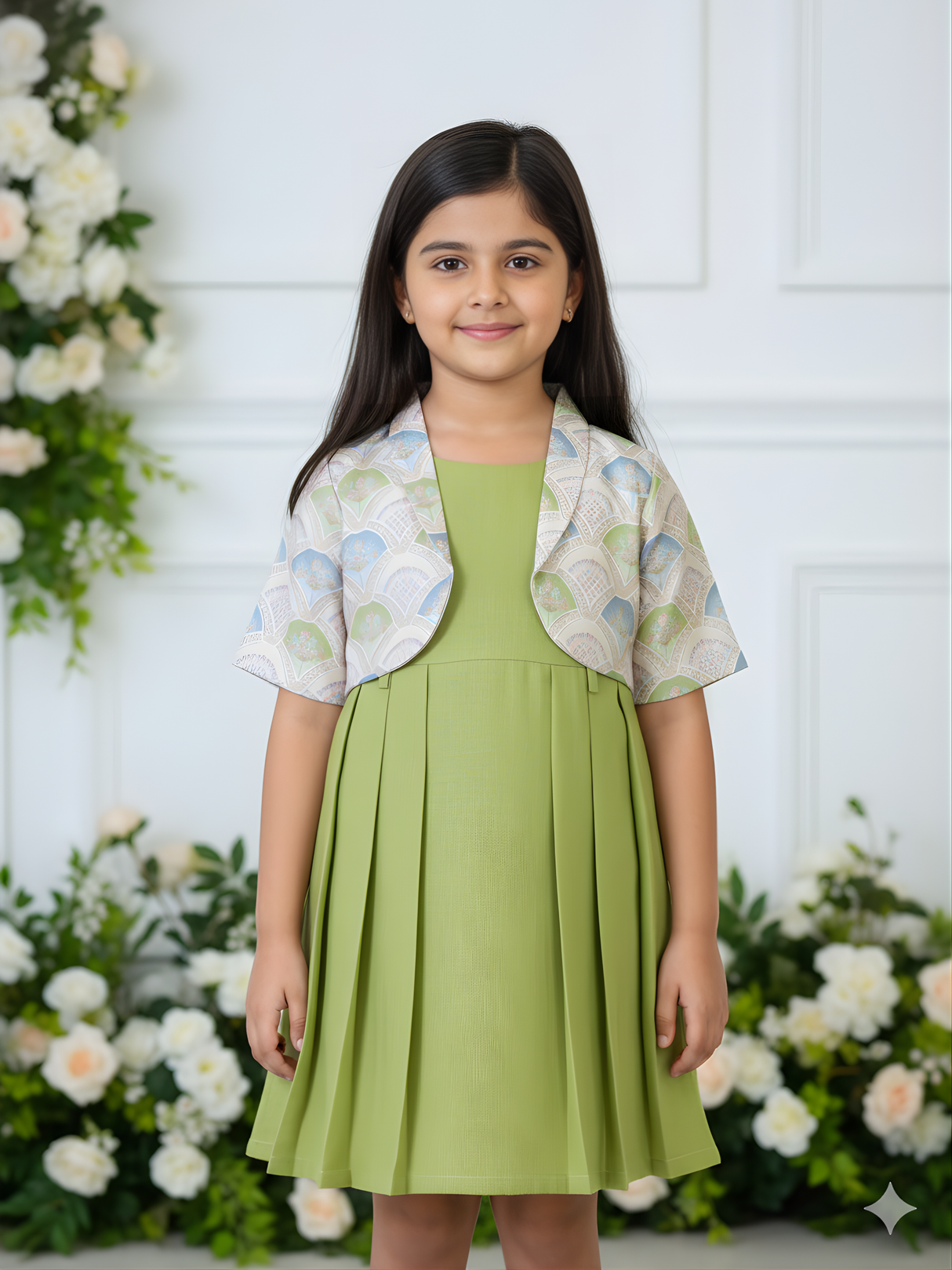 Girls' Pleated Green Frock with Detachable Printed Bolero Jacket