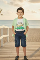 Boys’ 3-Piece "Urban Explorer" Set – Mint Green Shirt, Graphic Tee & Denim Cargo Shorts