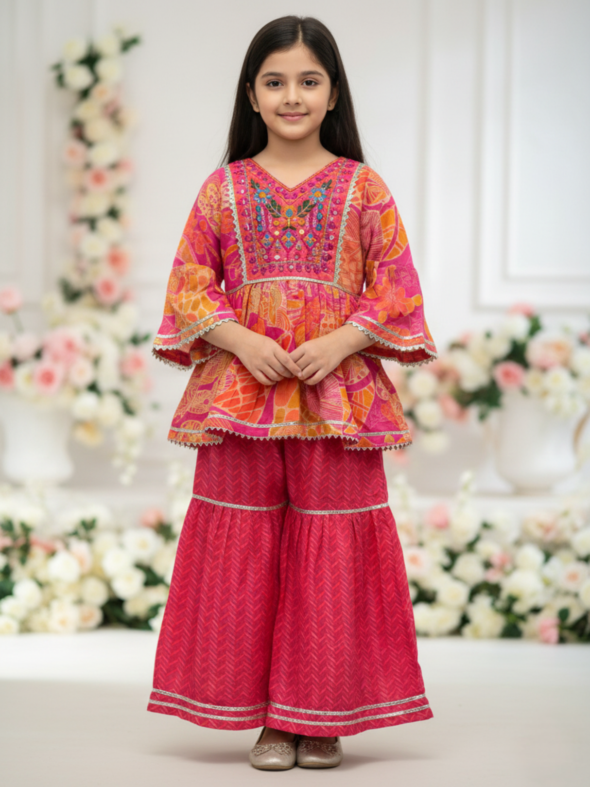 Girls Pink & Orange Ethnic Dress Set- Traditional Party Wear