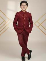 Boys' Luxurious Maroon Wine Floral Brocade Bandhgala Jodhpuri Suit with Gold Accents