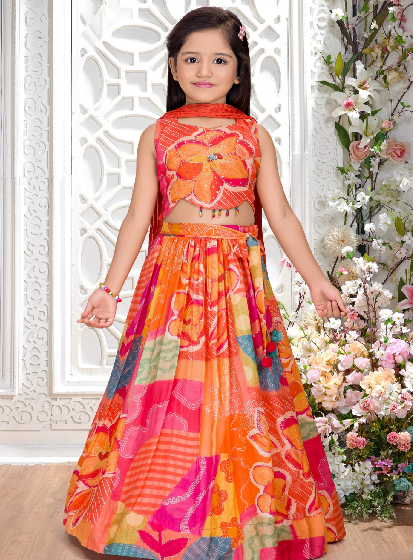 Girls' Vibrant Orange Patchwork Lehenga Choli Set with Halter Neck Top