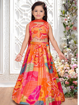Girls' Vibrant Orange Patchwork Lehenga Choli Set with Halter Neck Top