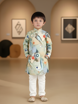 Boys' Aqua Green Traditional Figurative Print Kurta Set