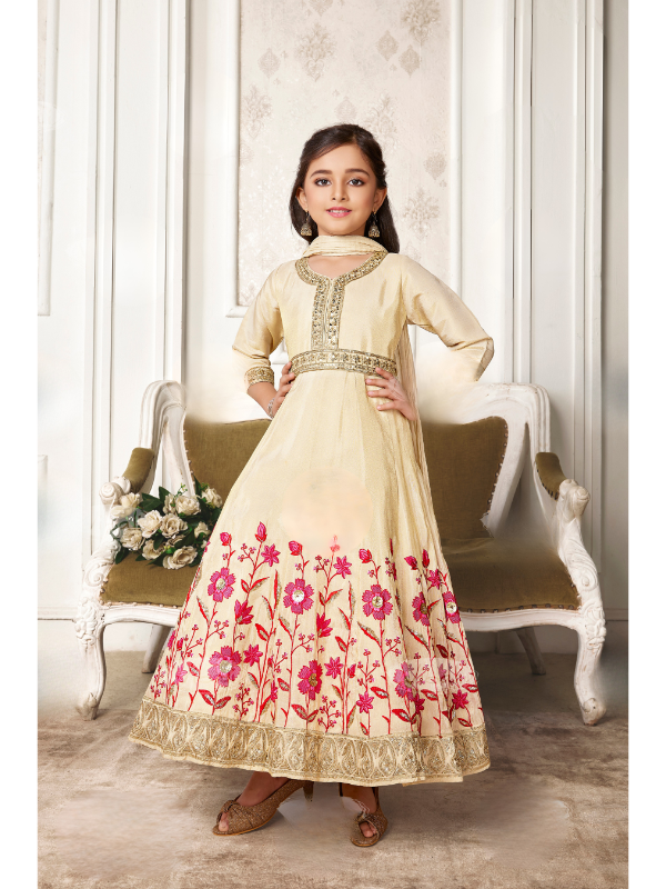 Girls' Elegant Off-White Tunic and Chudidar Set