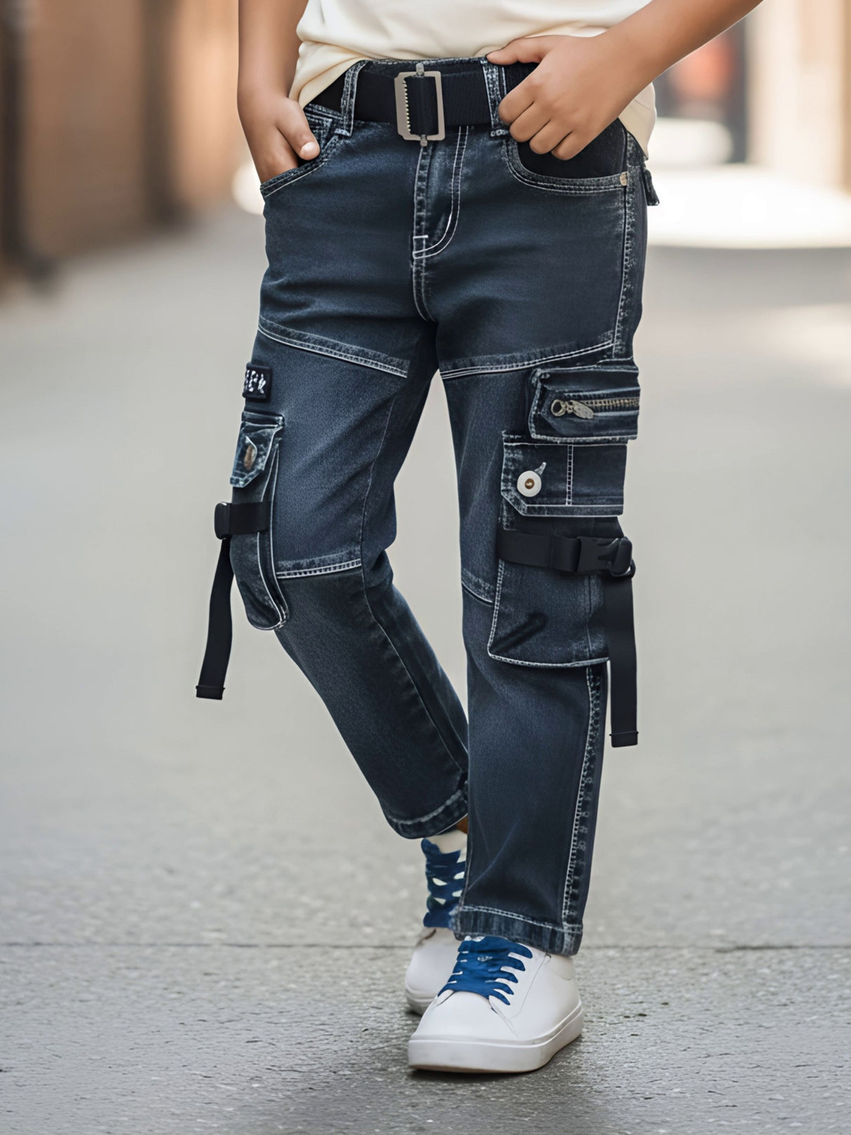 Boys Rugged Grey Cargo Jeans with Black Belt