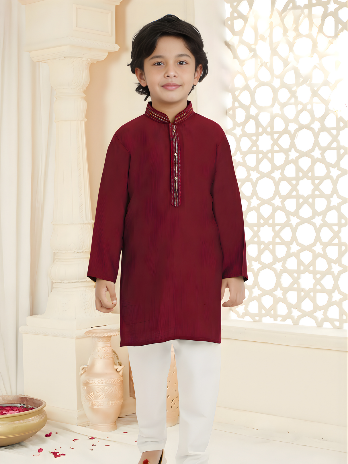 Maroon Classic Kurta Set with Gold Piping for Boys