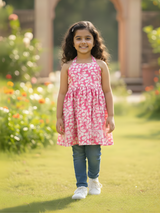 Girls' Casual Halter-Neck Pink and White Floral Print Frock