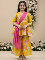 Girls Yellow Floral Printed Sharara Set with Embroidered Kurti & Dupatta