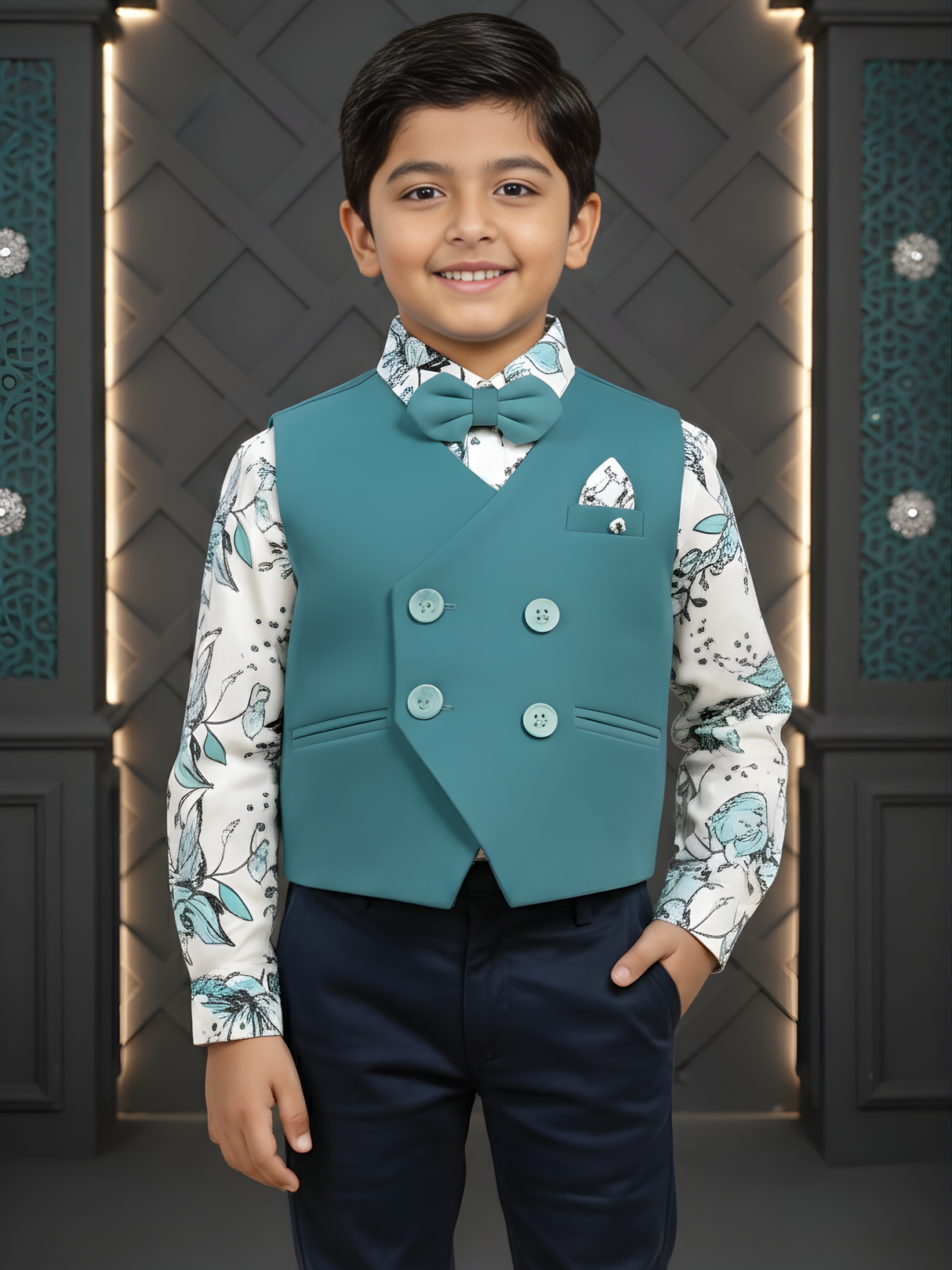 Boys' Teal Green Asymmetric Waistcoat Suit with Floral Shirt & Bow Tie