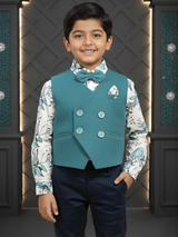 Boys' Teal Green Asymmetric Waistcoat Suit with Floral Shirt & Bow Tie