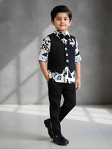 Boys' Black Modern Print 4-Piece Waistcoat & Trouser Set