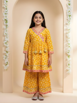 Girls Orange Bandhani Print Sharara Set