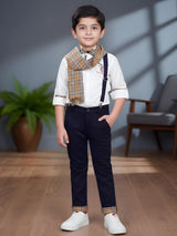 Boys' Elegant White Shirt & Navy Suspender Set with Checkered Scarf