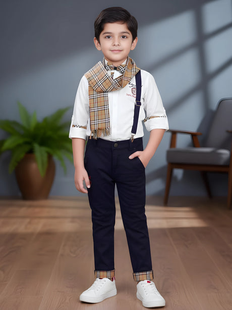 Boys' Elegant White Shirt & Navy Suspender Set with Checkered Scarf
