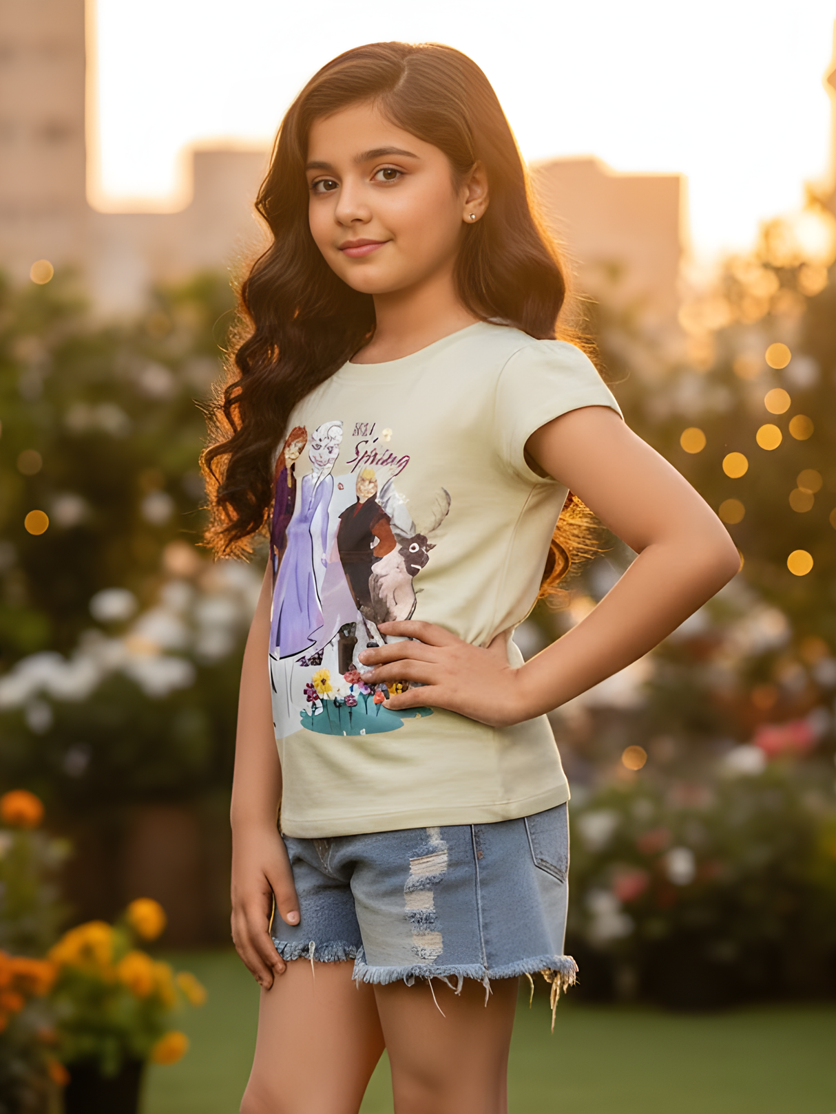 Girls' Light Green Disney Frozen Elsa and Anna "Hello Spring" Graphic T-Shirt