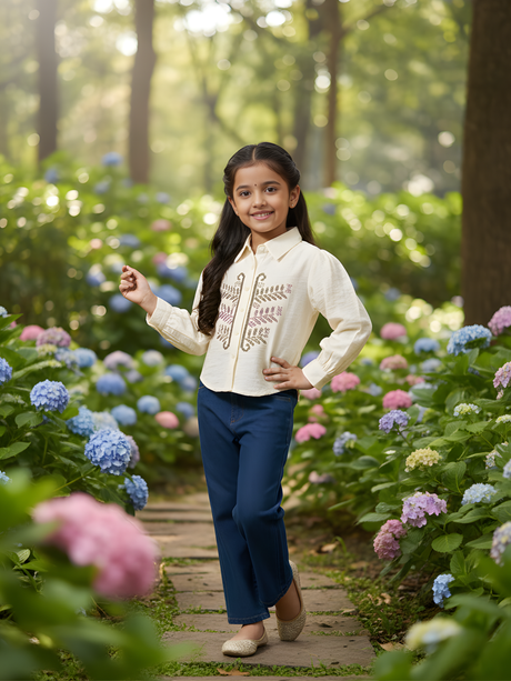 Girls' Embroidered Puff-Sleeve Collared Blouse | Cream & Brown