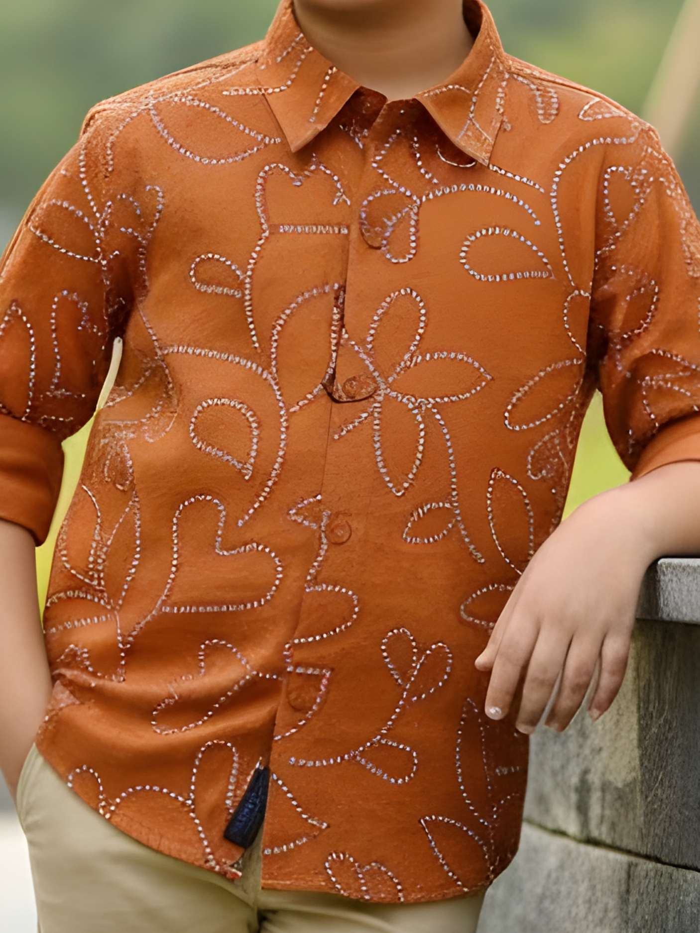 Boys Rust Brown Floral Line-Art Casual Shirt