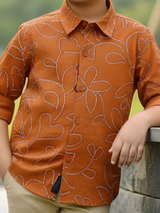 Boys Rust Brown Floral Line-Art Casual Shirt