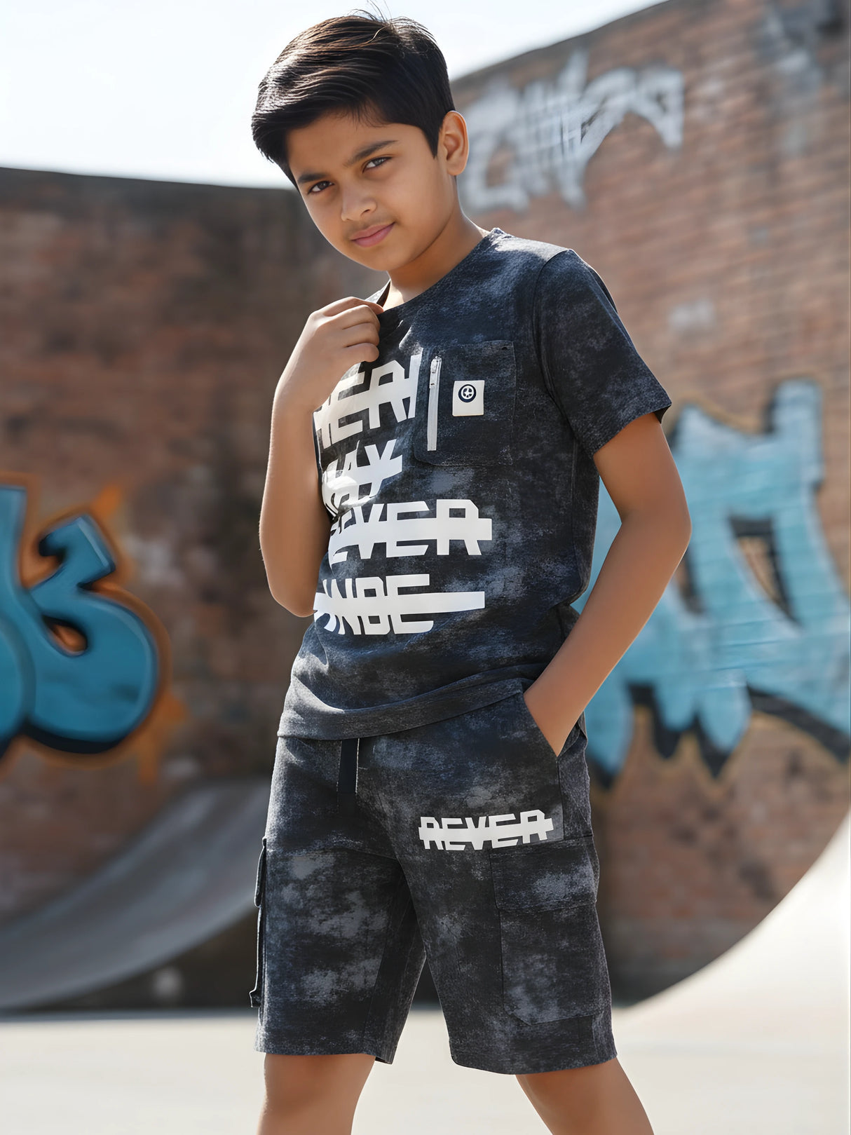 Boys Black Acid Wash 'Never' Graphic Shorts Set