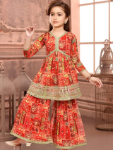 Girls' Vibrant Red Printed Sharara Suit with V-Neck Tunic & Gota Patti Trim
