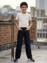 Boys' Classic Black Denim Jeans with Wide-Leg Fit and Black Belt