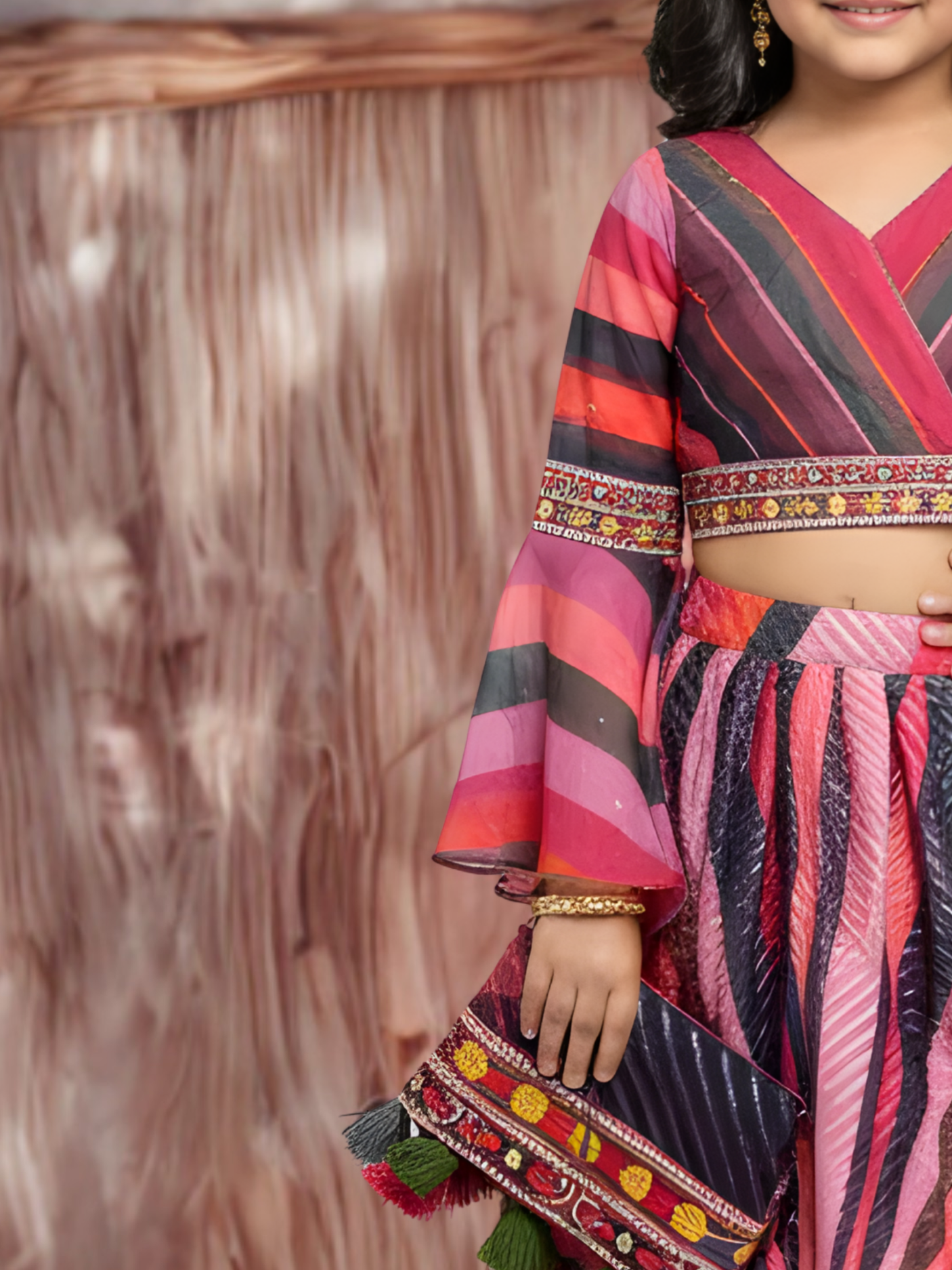 Girls' Purple and Black Sunburst Print Wrap-Style Lehenga Choli Set