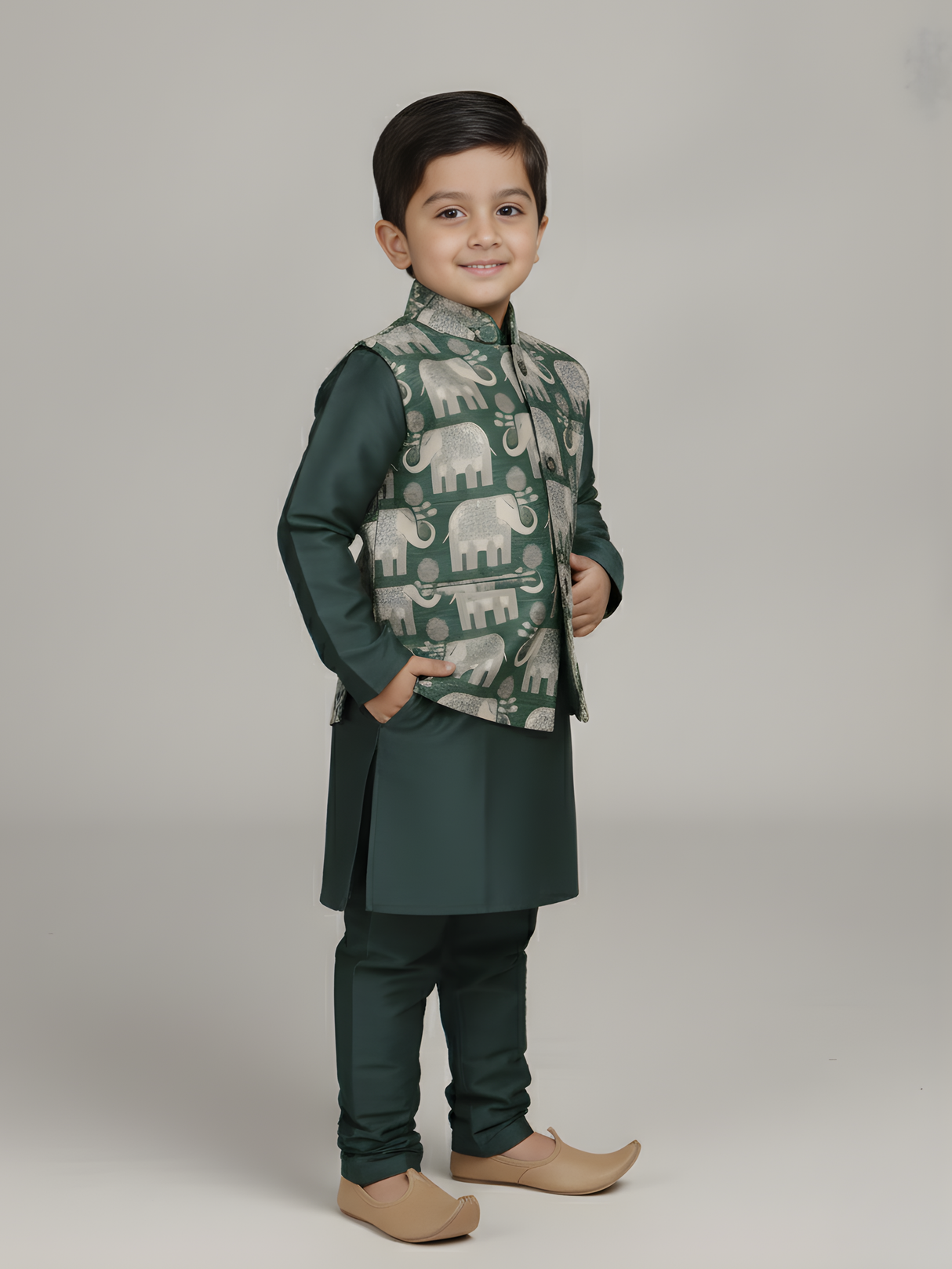 Boys' Bottle Green Kurta Pajama with Elephant Print Nehru Jacket