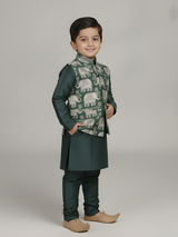 Boys' Bottle Green Kurta Pajama with Elephant Print Nehru Jacket