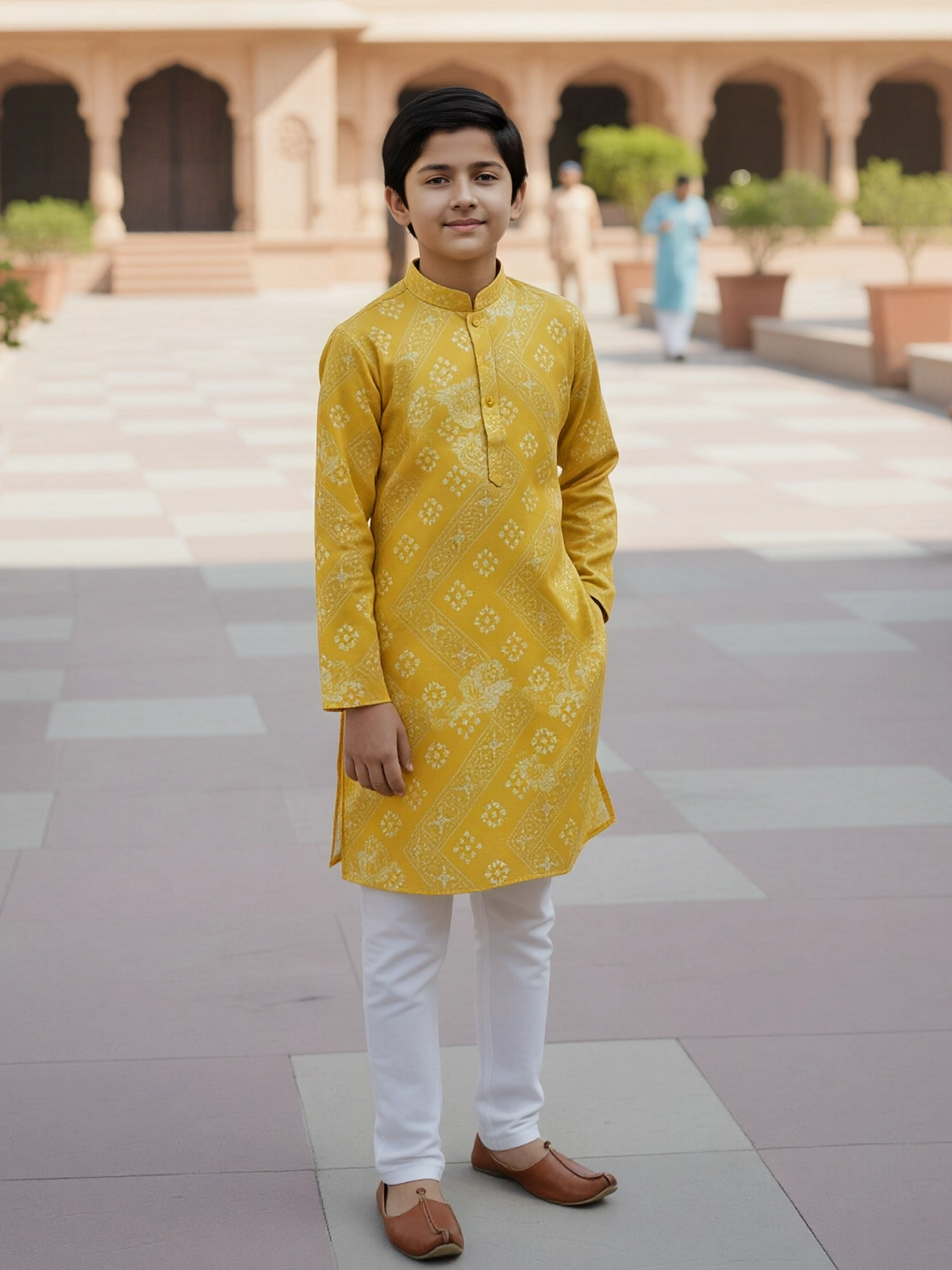 Boys' Vibrant Yellow Bandhani Print Kurta with White Pajama