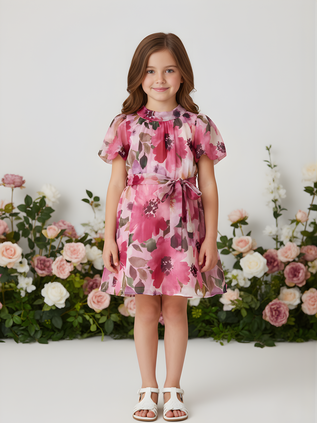 Girls' Sheer Pink Floral Organza Frock with Tie-Up Neck and Waist
