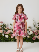 Girls' Sheer Pink Floral Organza Frock with Tie-Up Neck and Waist