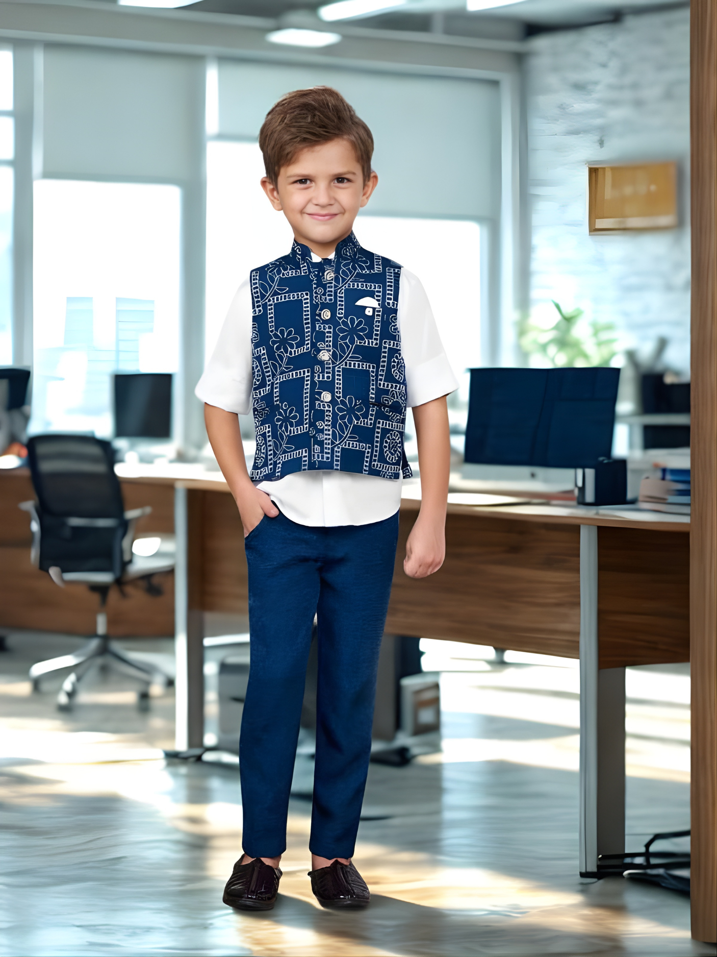 Boys' Navy Blue & White Printed Waistcoat Set.