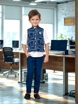 Boys' Navy Blue & White Printed Waistcoat Set.