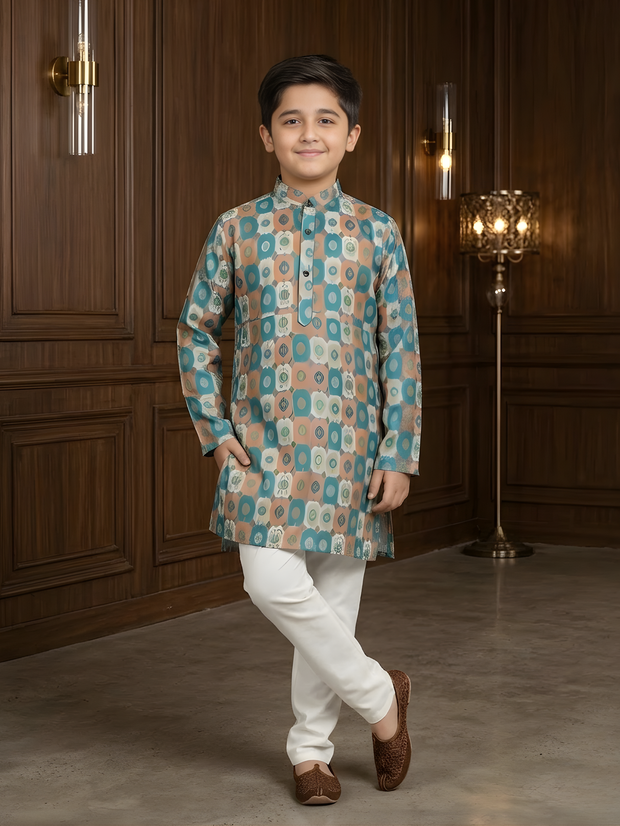 Boys' Teal & Orange Printed Kurta with Cream Pyjama Set.